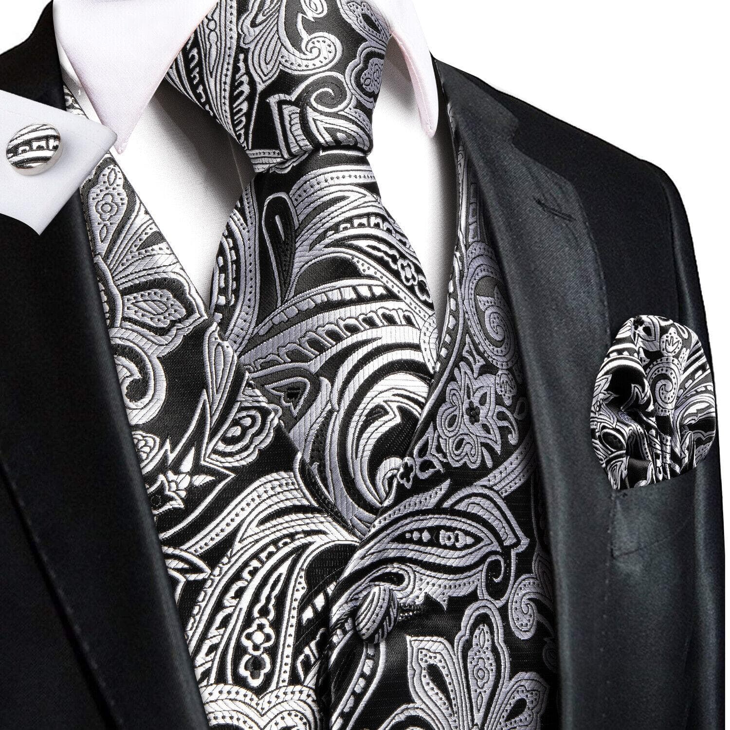 Hi-Tie Tuxedo waistcoat for Men Suit Vest Necktie Handkerchief Cufflinks Set for Wedding Business L
