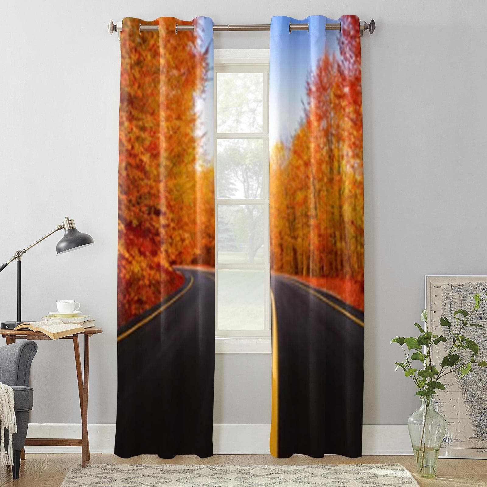 Black Road In Autumn Forest Window Curtain For Living Room Bedroom Decoration Curtains Luxury Kitchen Valance Curtains 135W x 60H(cm) x1
