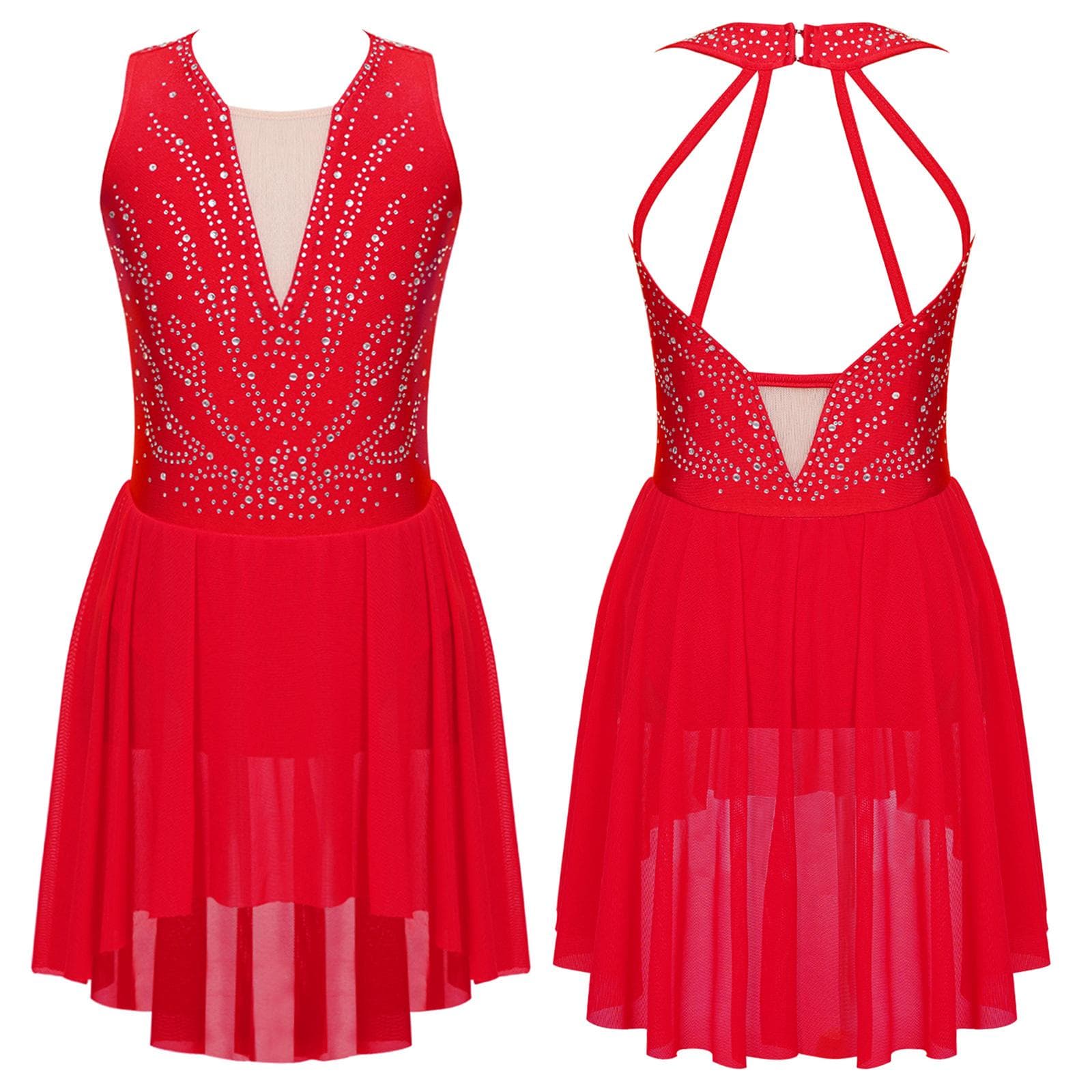 Kids Girls Rhinestone Figure Skating Ballet Lyrical Performance Dress Strappy Back Asymmetrical Hem Sleeveless Dance Dresses 7-8 Years red