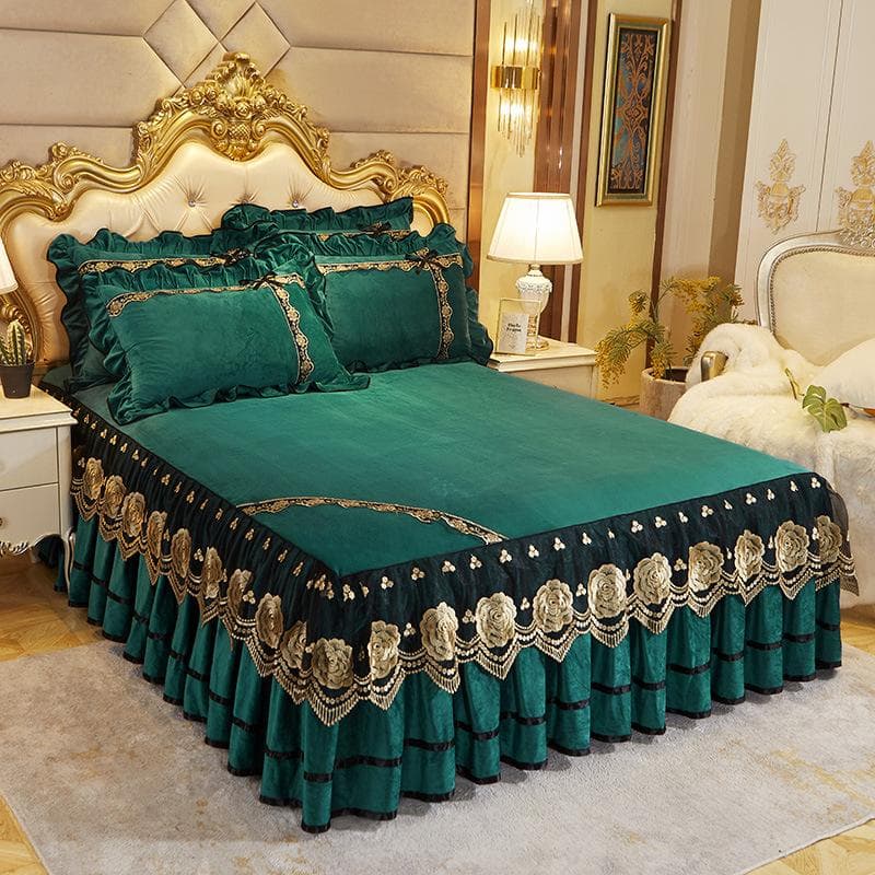 European Crystal Velvet Bed Skirt Single Piece Autumn and Winter Thickened Lace Ruffle Bedspread 1.5m1.8m Non-slip Bed Sheet 1bed skirt 150x200cm