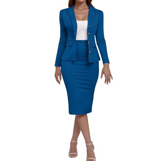 Women's Business Skirt Suit Set Long Sleeve Blazer Jacket And Pencil Skirt Set Casual Office Work 2 Piece Outfits XXL blue