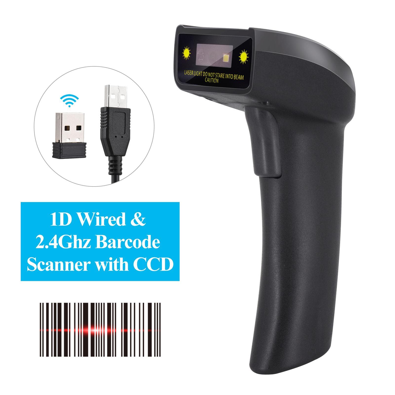 2D Wireless BT+2.4G Barcode Scanner Handheld USB Wired 1D Bar Code Reader Manual Trigger 640*480 1D Wireless & Wired black