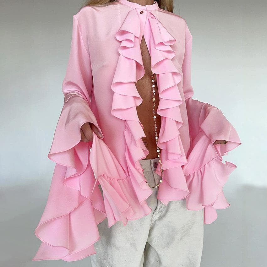 White Chiffon Round Neck Flared Sleeve Ruffled Women's Shirt 2024 European and American Spring and Summer New Fashion Women M pink