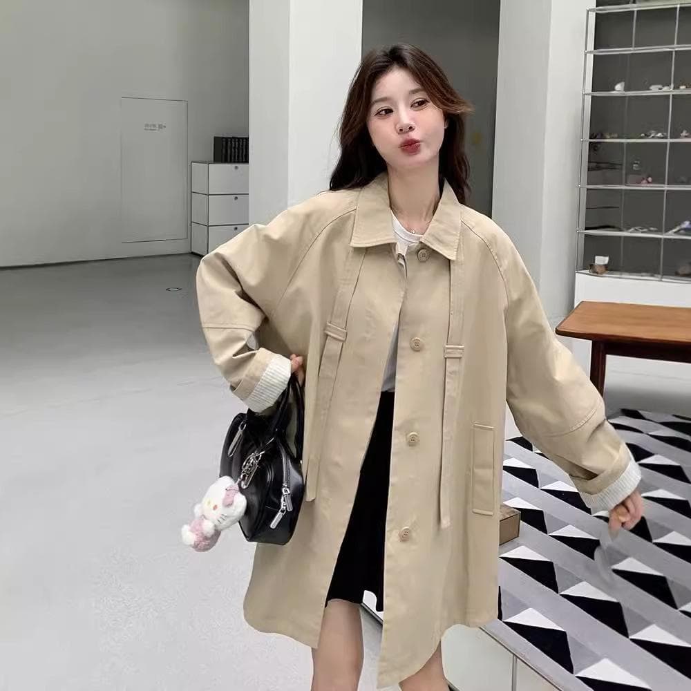 Khaki Mid-length Windbreaker Jacket for Women In Autumn New Design Casual Versatile Simple Coat XL