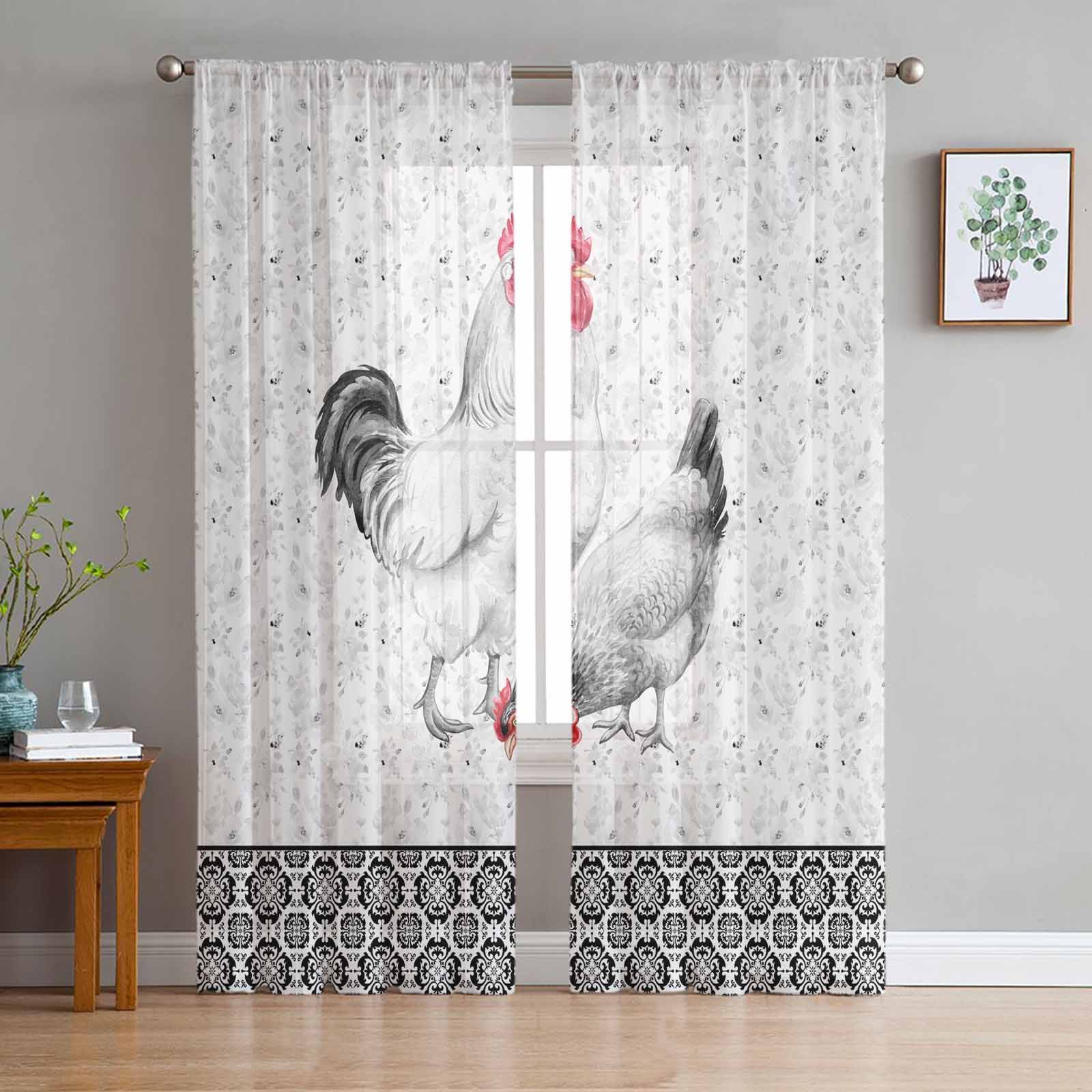 Retro Rural Farmhouse Rooster Hen Floral Black White Window Tulle Curtains Living Room Hotel Luxury Decoration Sheer Curtains 135W x 114H(cm)