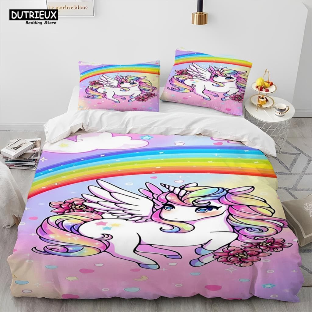 Unicorn Cute Cartoon Comforter Bedding Set,Duvet Cover Bed Set Quilt Cover Pillowcase,Queen Bedding Set For Child Boy Girl Gift EU single(135x200cm)