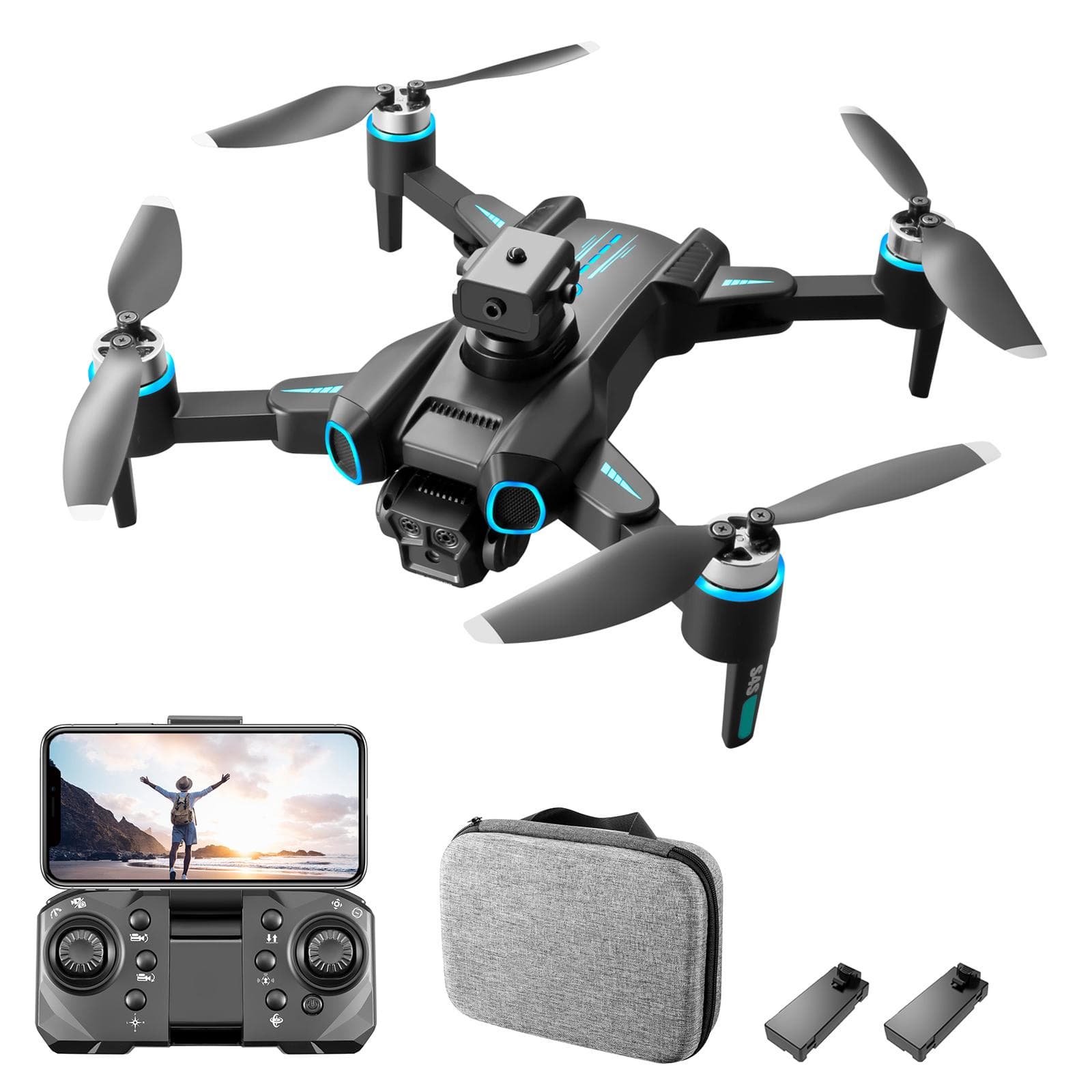 Remote Control Drone with Camera 6K Dual Camera Foldable Drone Obstacle Avoidance Brushless Motor 4K dual camera 2 battery black