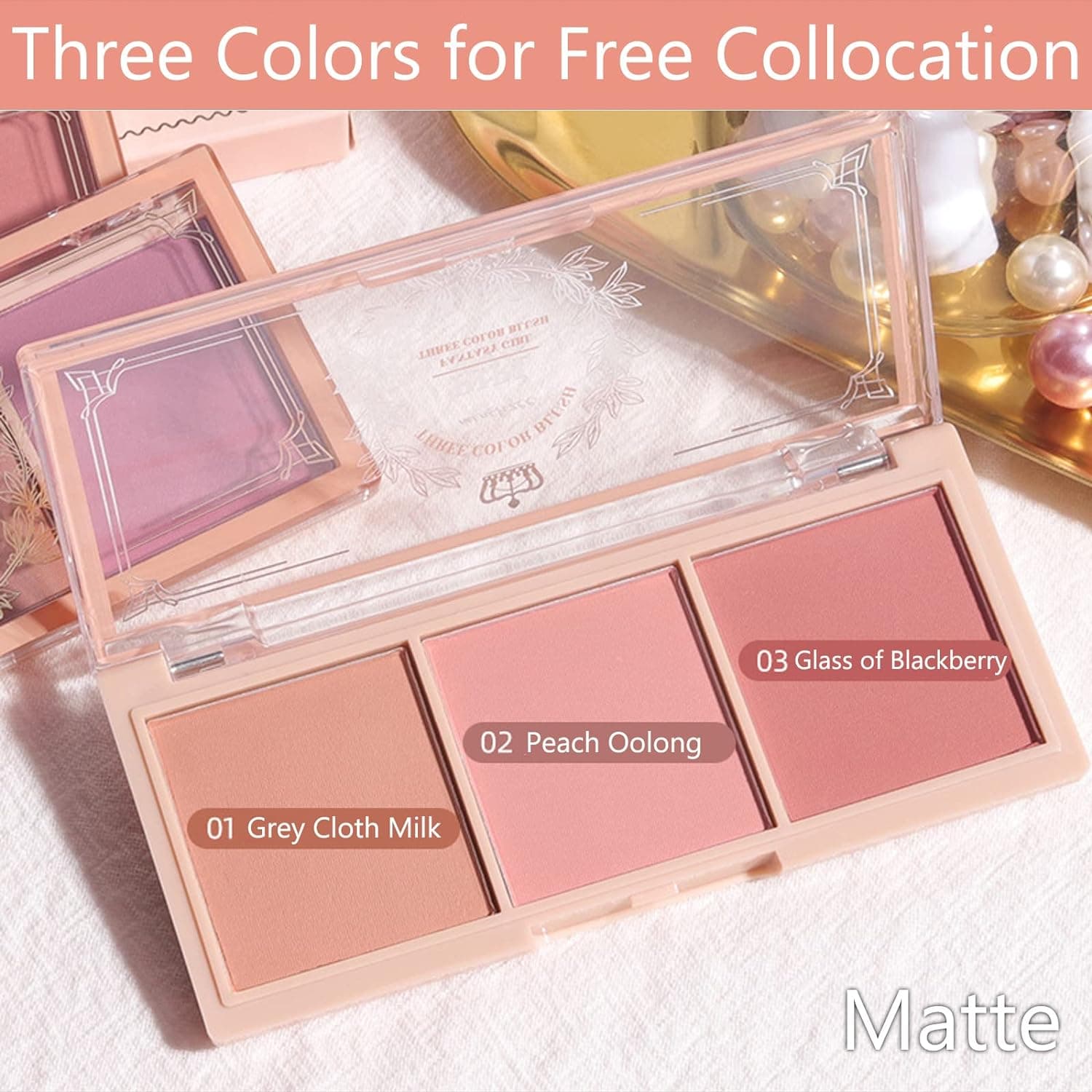 3 In 1 Color Matte Face Blush Make Up Powder, Makeup Blusher for Long-Lasting Sweat-Resistant Non-Greasy Blush Glow Matte Brighten Skin Natural Look 01