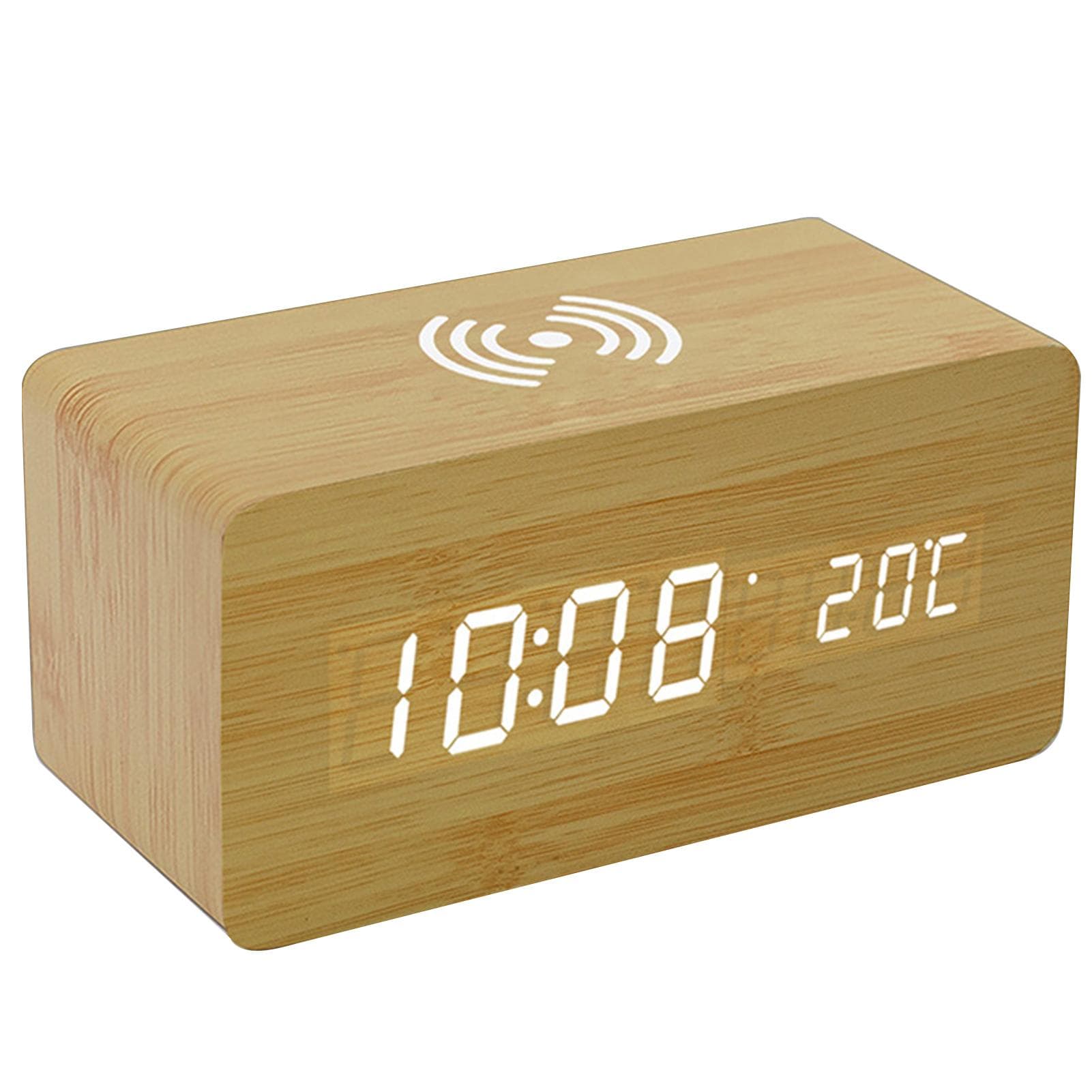 Wooden Digital Alarm Clock with Wireless Charging 3 Alarms LED Display Sound Control for Bedroom khaki
