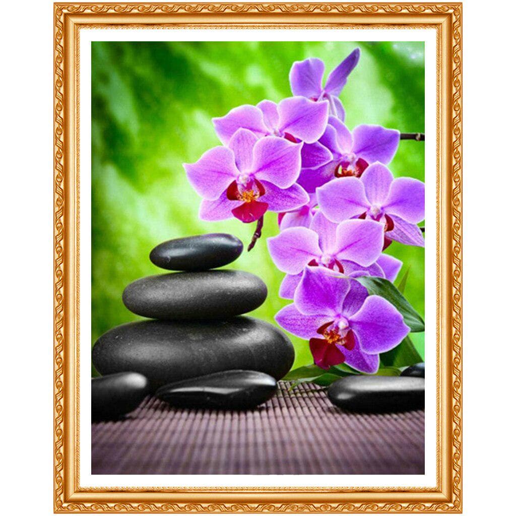 5d Diy Diamond Embroidery Orchid and Cobblestone,full Round Diamond Painting Flowers 20X30CM