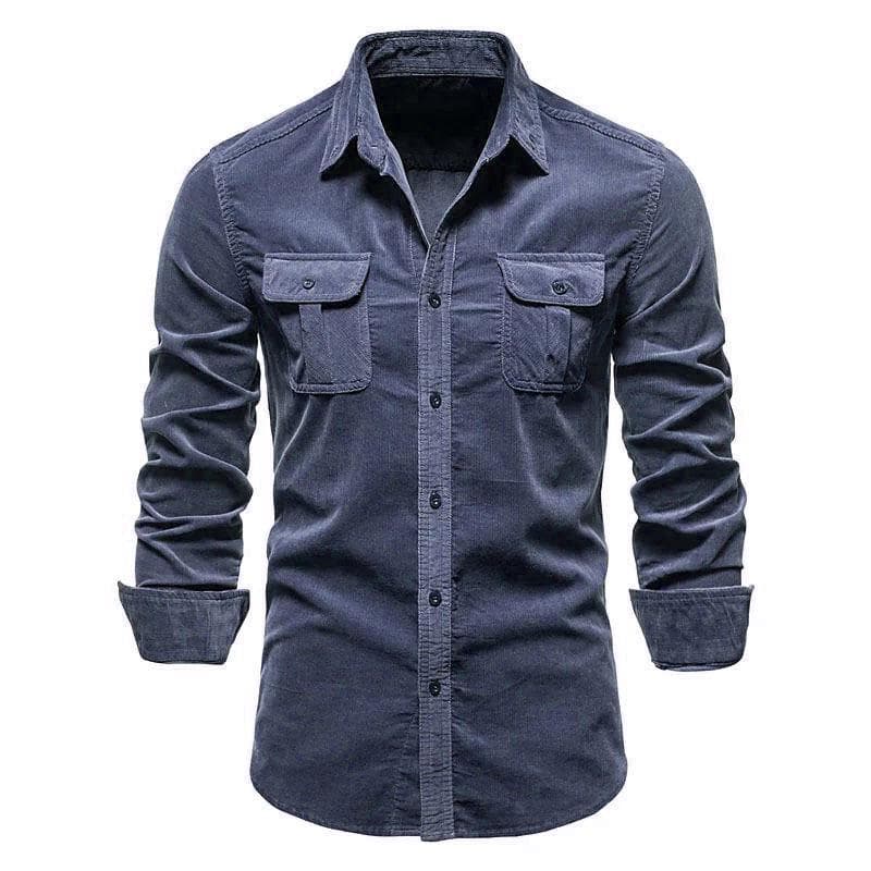 Men's Japanese Corduroy Slim Fit Long Sleeve Casual Shirt M Dark blue