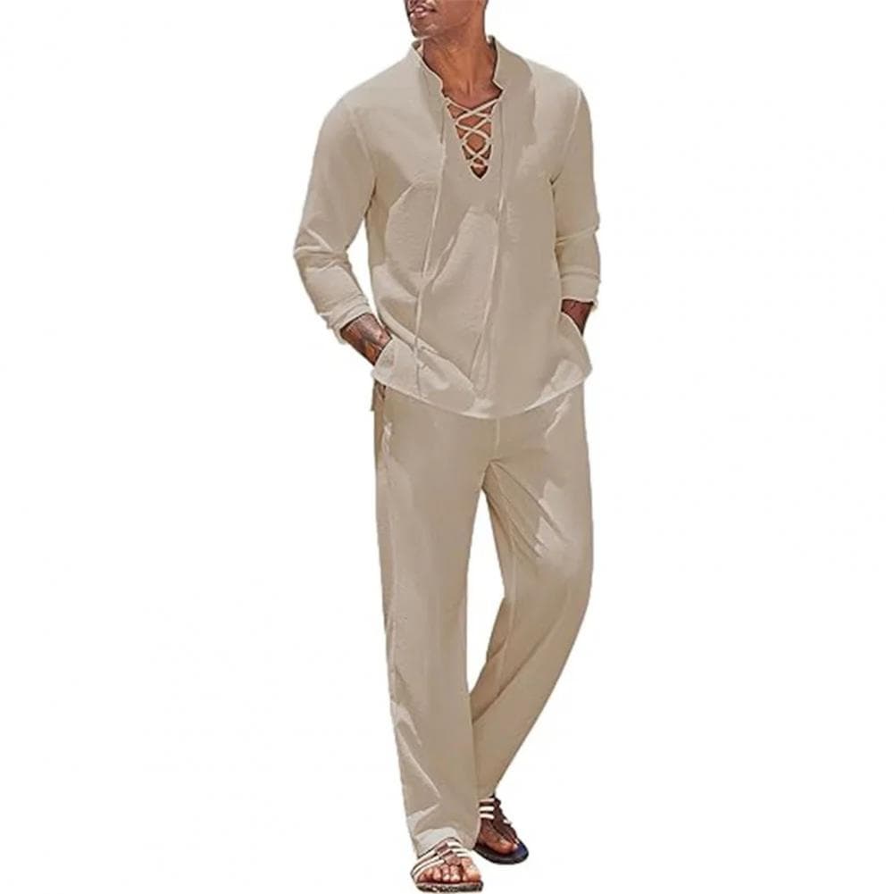 2Pcs/Set Men Casual Outfit Stand Collar V-Neck Lace-up Long Sleeve Tops Solid Color Loose Fit Long Pants Set M khaki