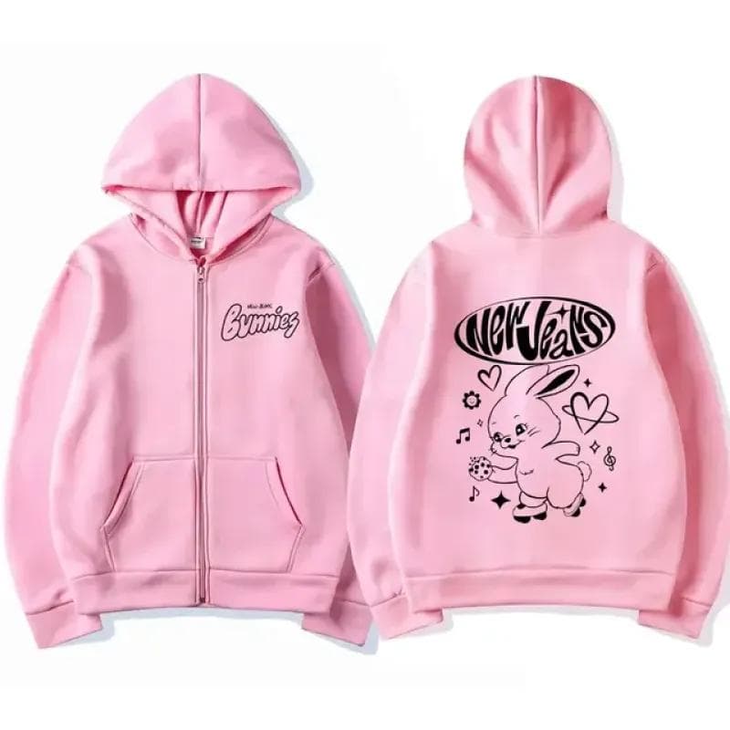 Korean NewJeans Bunny Kawaii Graphic Zip Up Hoodies Fashion Kpop Style Cute Hoodie Men Women's Casual Jackets Zipper Sweatshirts S