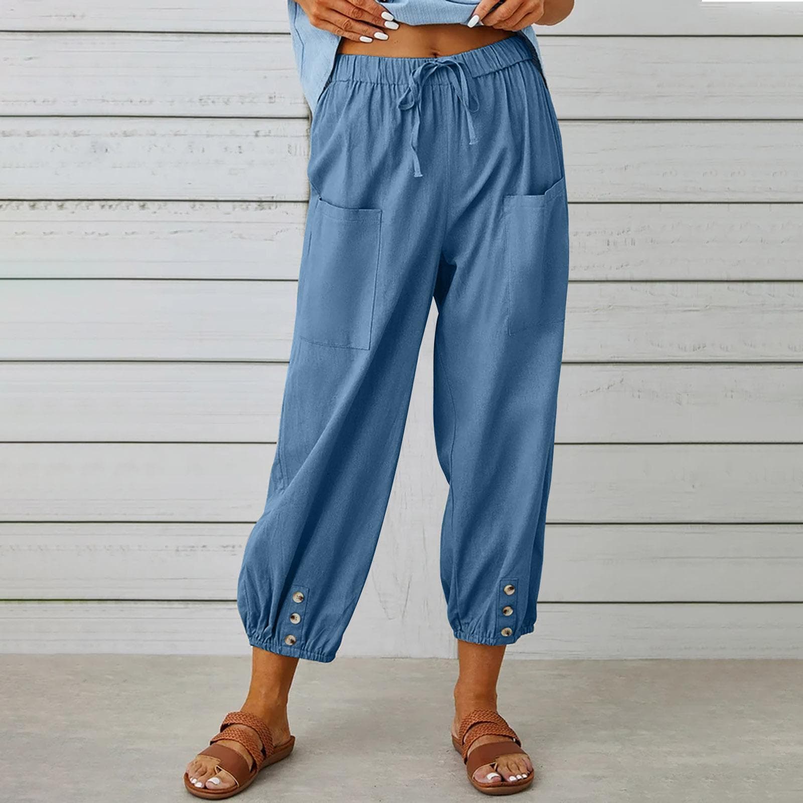 Summer Women's Pants Loose High Waist Button Cotton Linen Pants Nine-point Pants Wide Leg Pants XXL blue