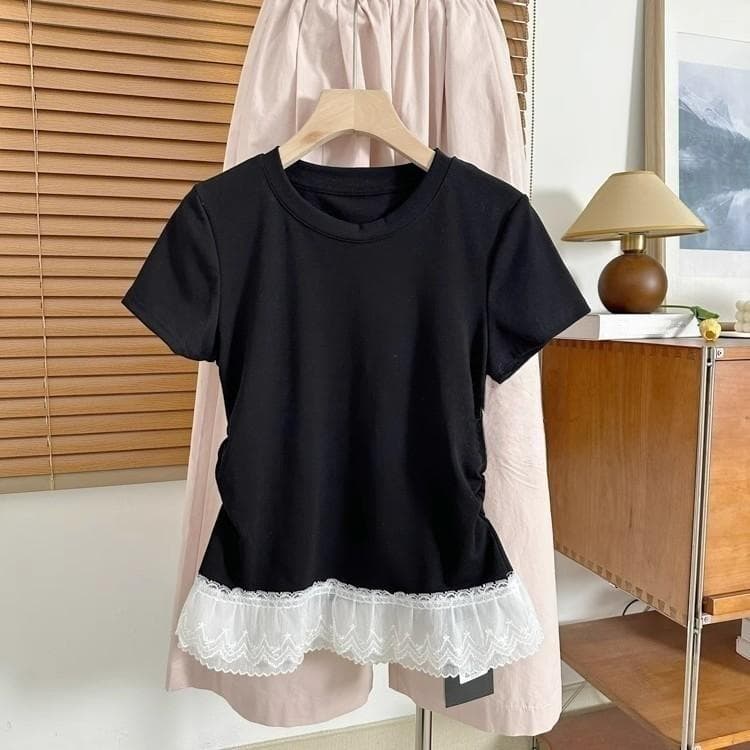 Design-sensual Lace Short-sleeved T-shirt with Women's Temperament, Shoulder-length Slim Base Top XL black