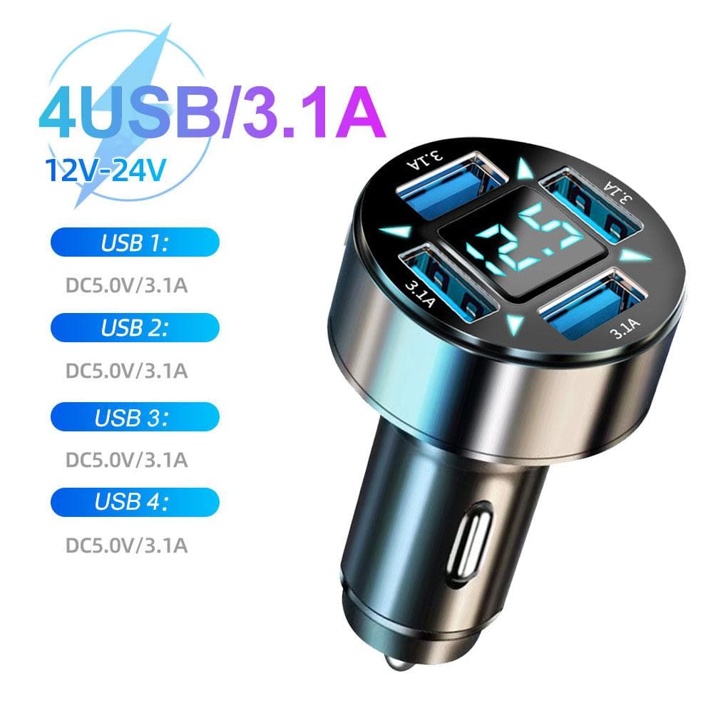 5V 7A New 4 Ports USB Car Charger LED Digital Display QC 3.0 66W Fast Charging Car Phone Charger for IPhone 12 13 Huawei Samsung Xiaomi black