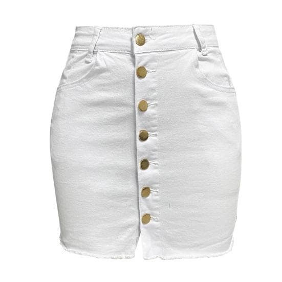 Women High Waist Denim Skirt Buttons Fly Pockets Design Hip Wrapped XL white