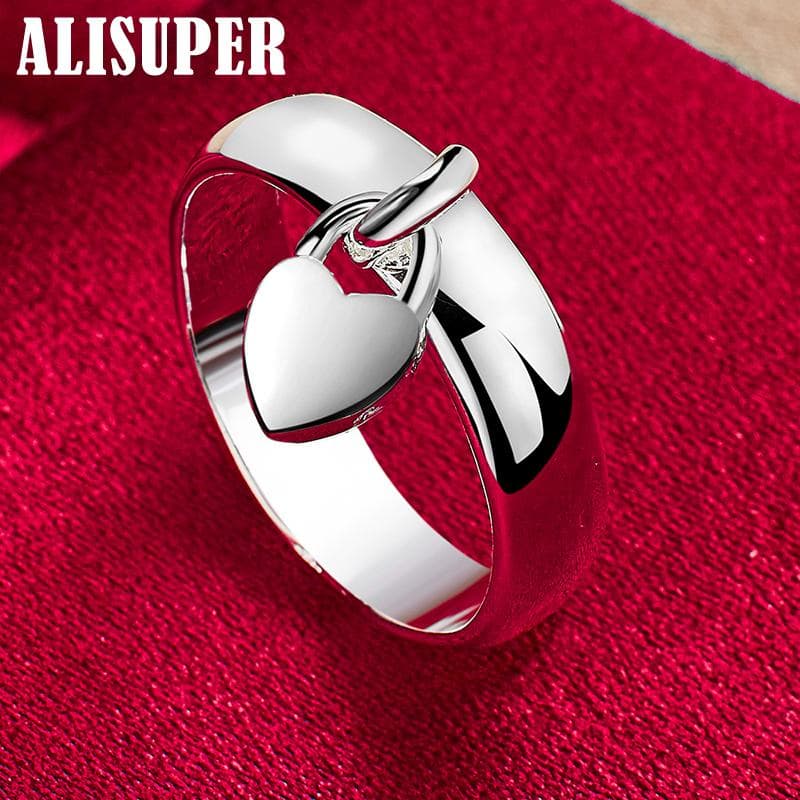 925 Sterling Silver Heart Lock Ring Jewelry 6#