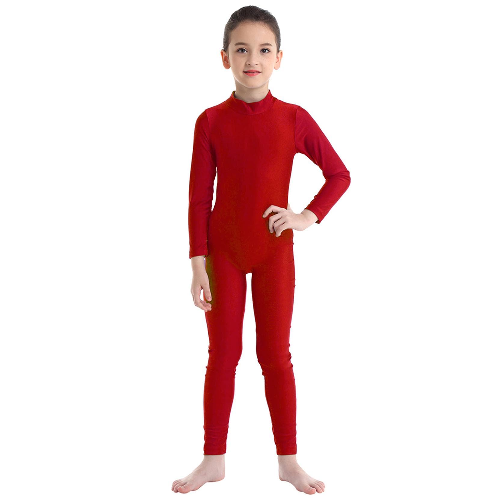 Children's Girls Long Sleeve Dance Gymnastic Leotard Unitard Full Length Bodysuit Catsuit Dancewear Costumes 14-16 Years red
