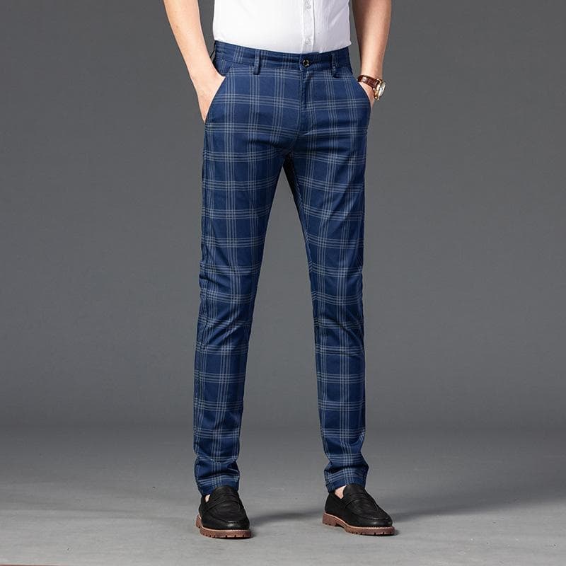 High-quality Business Men's Plaid Pants Straight Leg Slim Pants Casual Pants Long Pants 33 blue