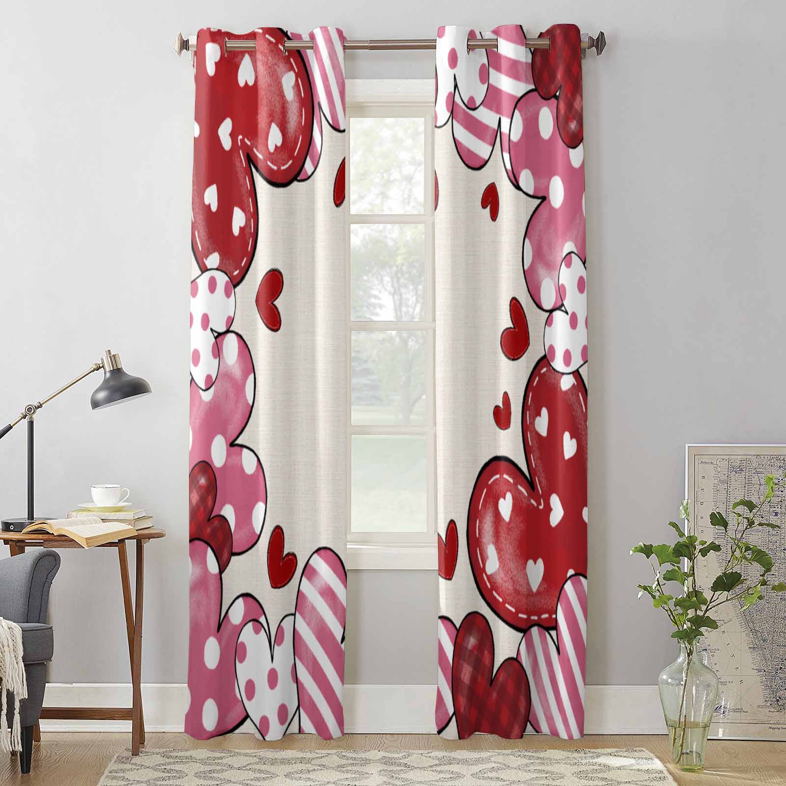 Valentine'S Day Stripes Polka Dot Hearts Window Curtains for Living Room Bedroom Curtain Modern Kitchen Blinds Drapes Curtains 135W x 60H(cm) x1