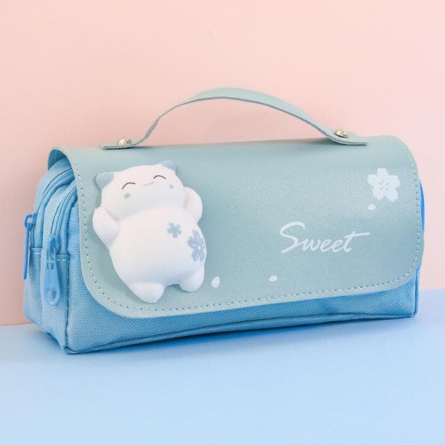 Cute Cat Decompression Pencil Case Big Pencil Box Portable Girls Pen Bag Double Layer School Pouch Kawaii Stationery Pensil Case A blue