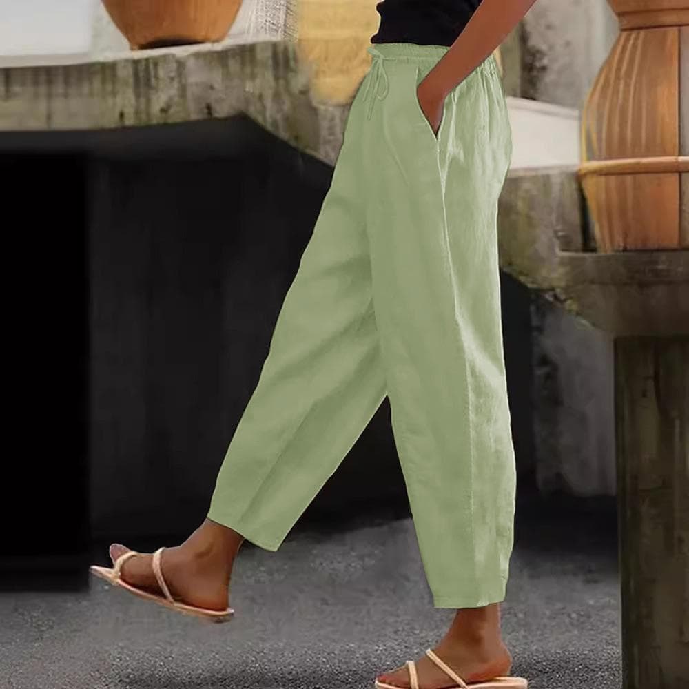 Women's Cotton Linen Trouser Solid Color Elasticated Waist Trousers Casual Straight Leg Bottoms with Pockets S light green