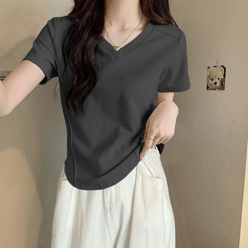V-neck Short-sleeved Front Shoulder Slimming Fish Bone Irregular Base Top T-shirt for Women Spring and Summer New Short-sleeved Shirt 2XL