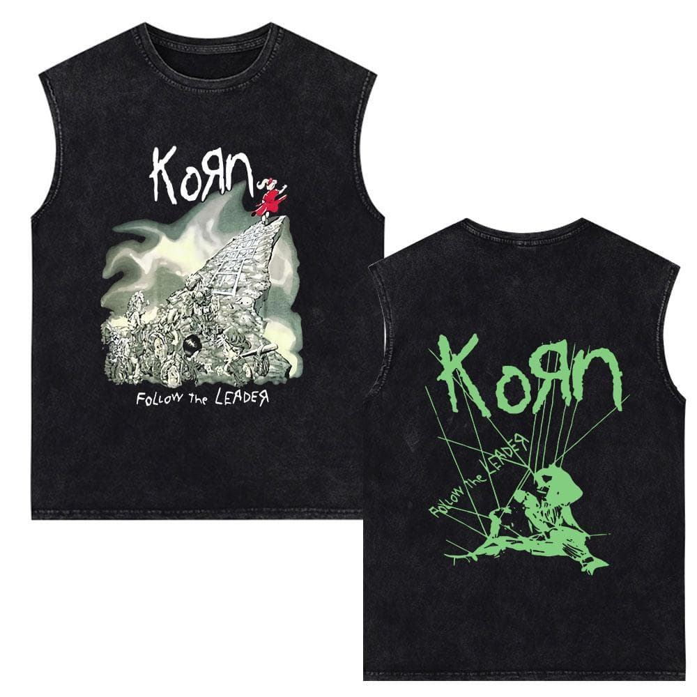 Korn Follow The Leader Rock Band Vintage Washed Tank Tops Men's Gothic Sleeveless Vest Cotton Oversized T-shirts XL
