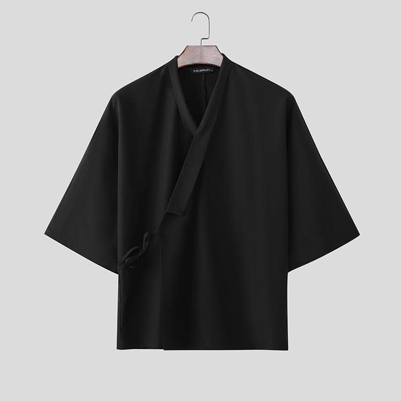 INCERUN Men V Neck Half Sleeve Side Lace-up Casual Loose T-shirts Tops XL black