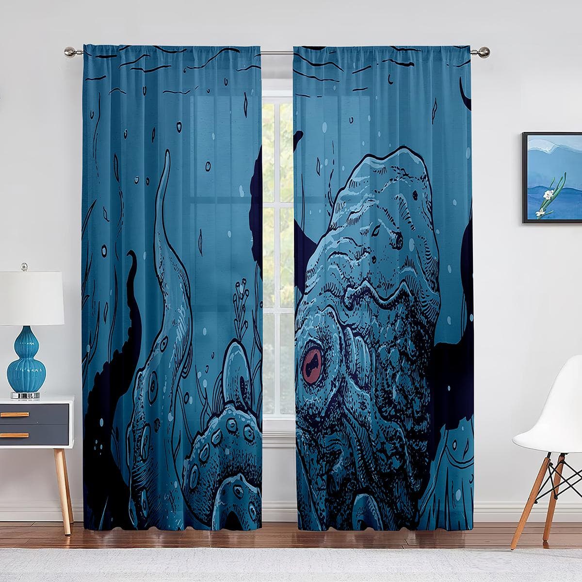 Ocean Kraken Blue Octopus Tentacles Marine Life Tulle Curtains for Living Room Bedroom Sheer Voile Window Curtains Party Drapes 1 PCS W250XH250cm&Rod Pocket