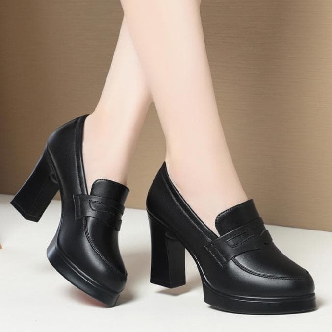 Comfortable Deep Mouth Soft Leather Anti-slip Shoes Platform Spring 2025 Women's Block Black High Heels Office Mother Shoes 38