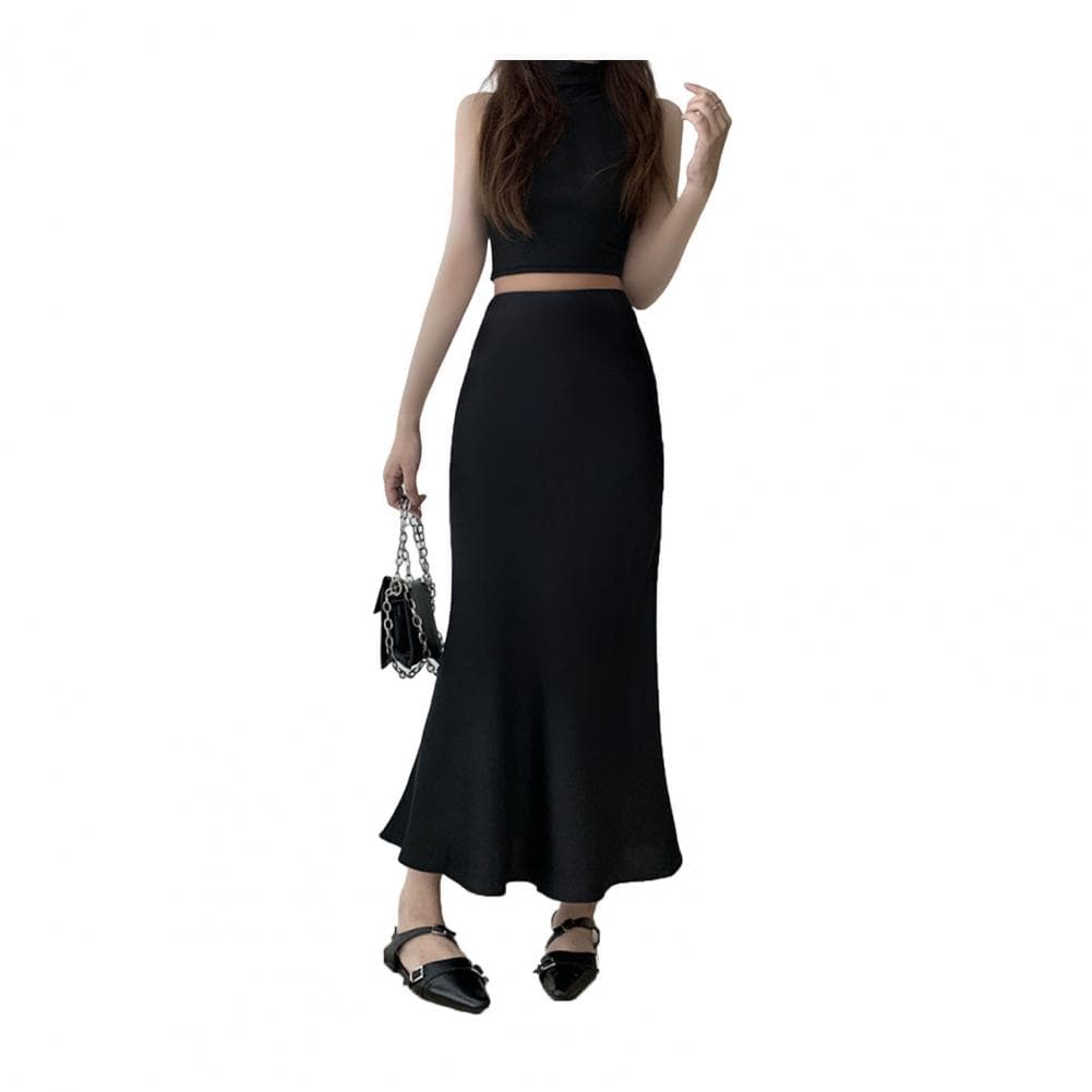 Women Fishtail Skirt High Waist Hip Wrapped Slim Fit Skirt Solid Color Smooth Satin Maxi Skirt Work Leisure Daily Wear M black