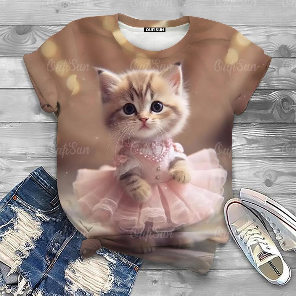 Women Summer O-Neck T-Shirt Casual Loose Short Sleeves Cute Cat Printing Oversized Leisure Tee Shirt 2024 Female Clothing S-4xl 6XL