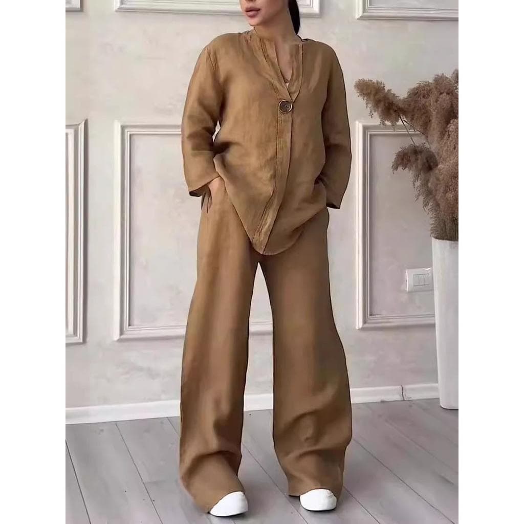 Fashionable European and American Women's Comfortable Loose Tops Wide-legged Pants Casual Cotton Linen Suit Plus Size XL brown