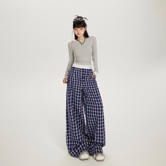 Retro Plaid Pants for Women In Autumn High Waist Loose Wide-leg Pants Lazy Floor Wide-leg Casual Pants for Women In Autumn XL