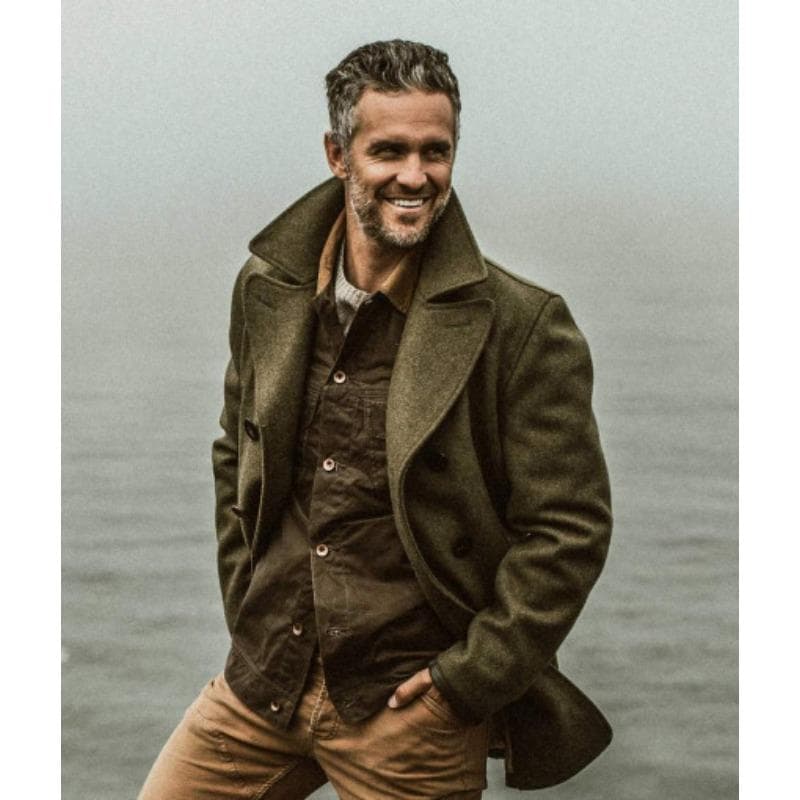 Autumn and Winter Woolen Material Men's Mid-length Double-breasted Coat S green