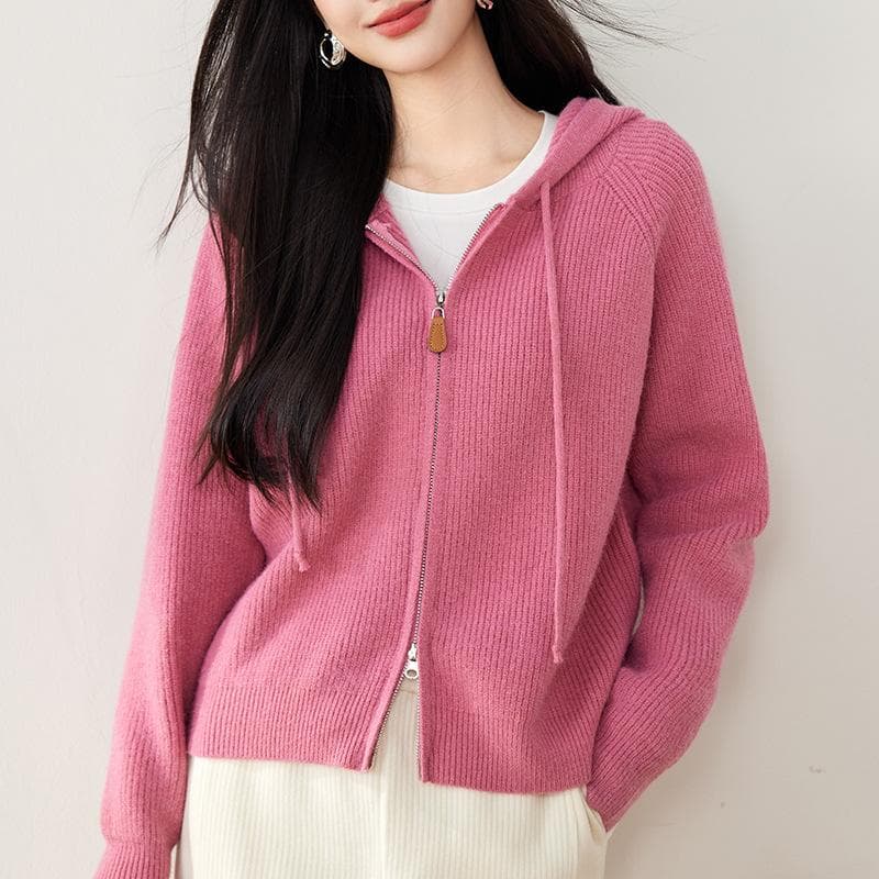 Pink Knitted Hooded Sweatshirt Cardigan for Women In Autumn and Winter Bottoming Shirt New Lazy Style Purple Sweater Jacket XL