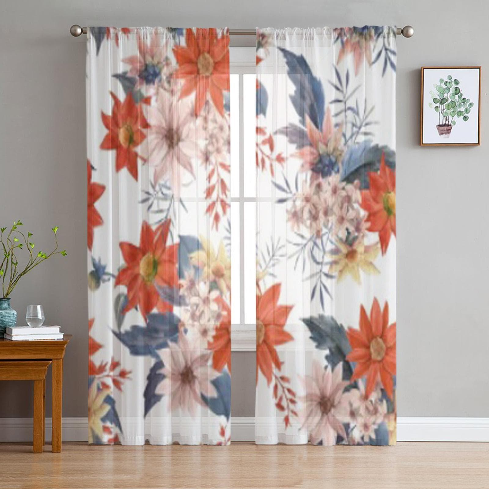 Watercolor Floral Bouquet Composition Flowers Tulle Sheer Curtains for Living Room Kitchen Decoration Voile Organza Curtains 135W x 114H(cm)