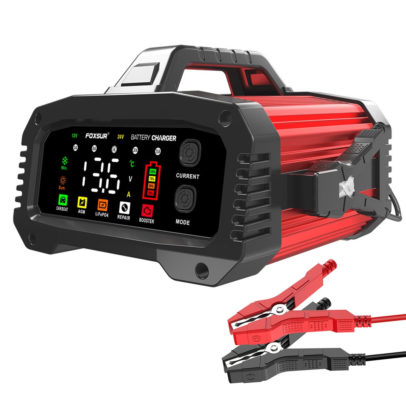 FOXSUR 25A Smart Car Battery Charger 12V25A 24V15A Portable Battery Charger Optional Charging EU PLUG red