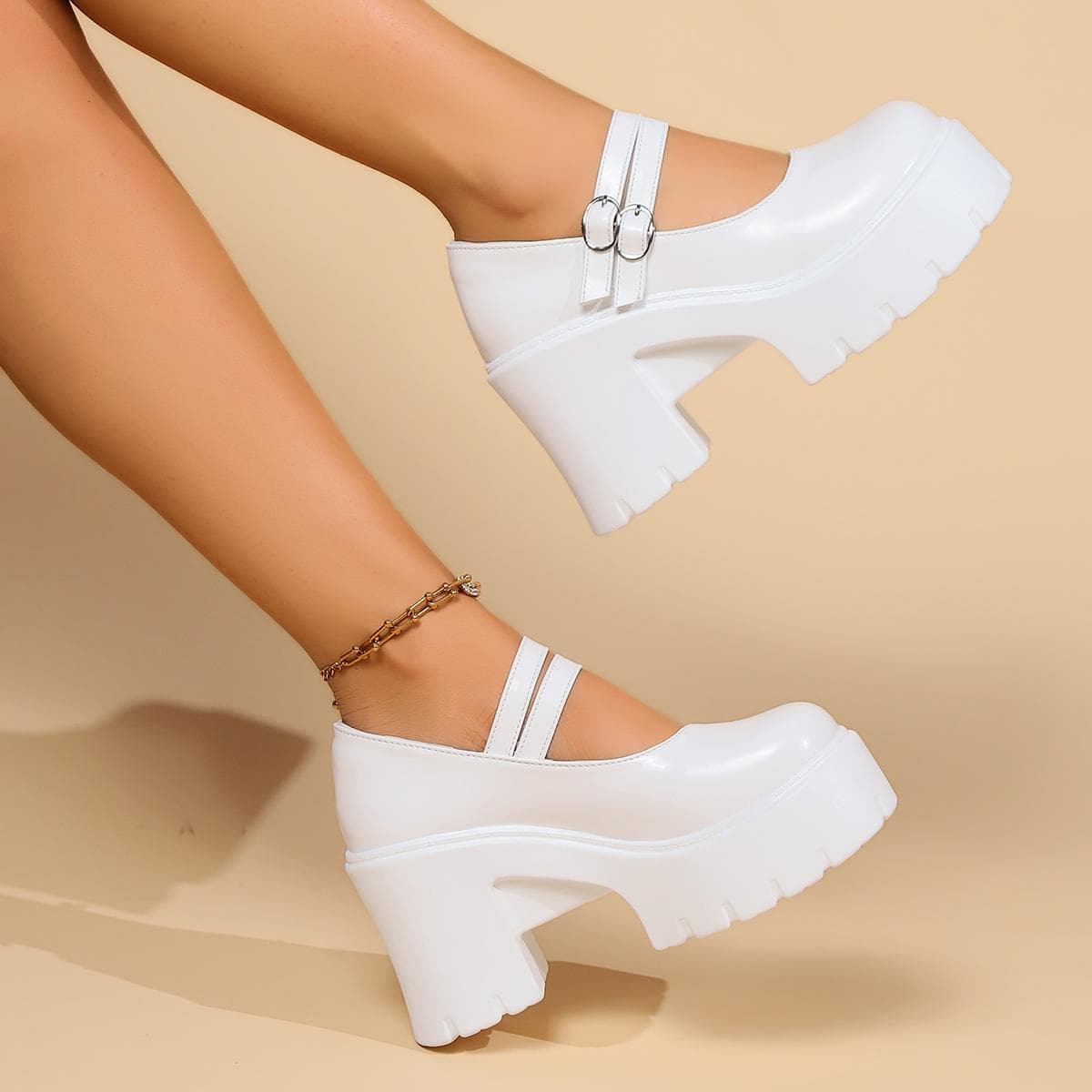 White High Heels Pumps Women 2024 Spring Chunky Platform Mary Jane Shoes Woman Plus Size Thick Heel Gothic Shoes 42 36 white