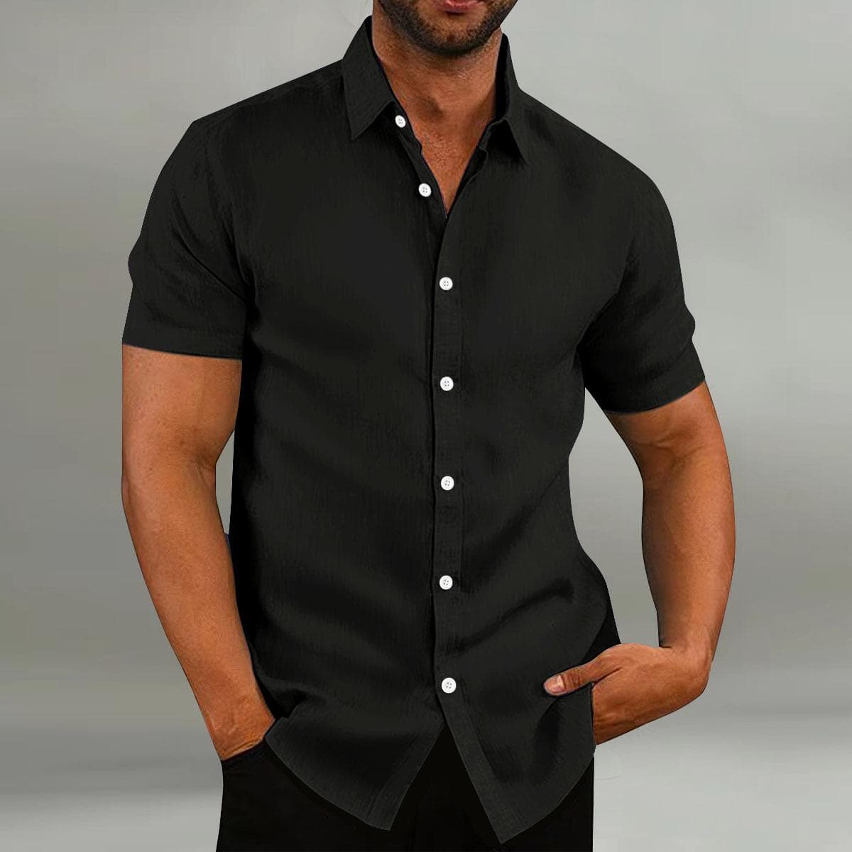 Men's Retro Solid Color Cotton Linen Shirts Casual Summer Loose Short Sleeve Lapel Shirt XL black