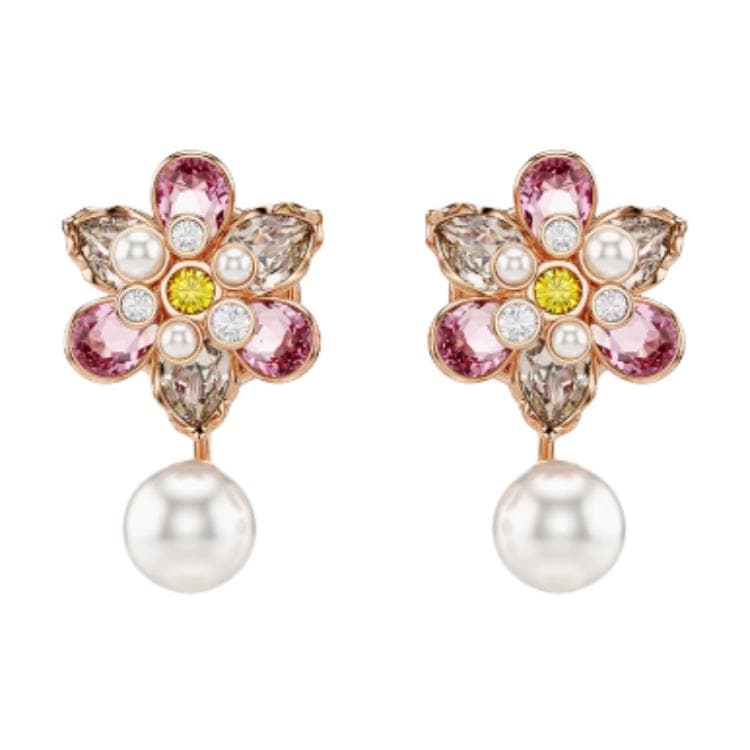 Swarovski Inlaid Design Imitation Crystal Imitation Pearl Rose Gold Earrings Unisex Earrings Pink 5722100 Box (Random Color)