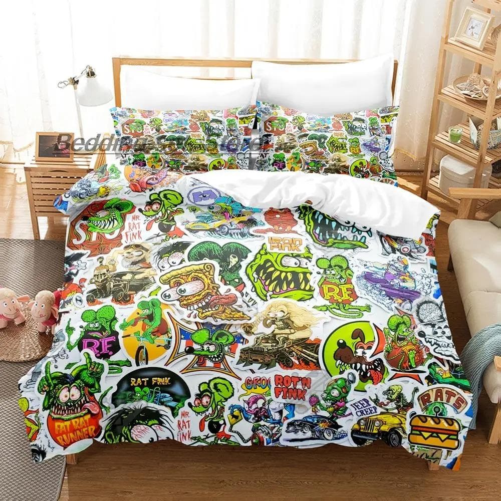 New Rat Fink Bedding Set Single Twin Full Queen King Size Bed Set Aldult Kid Bedroom Duvetcover Sets 3D Anime Bed Sheet Set 70x133cm 2pcs