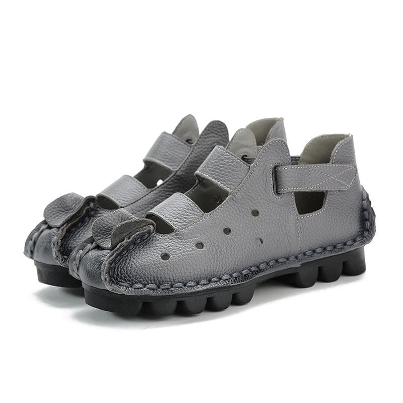 Summer Retro Handmade Genuine Leather Women Shoes Soft Flat Shoes Hollow Casual Women Sandals 38 grey