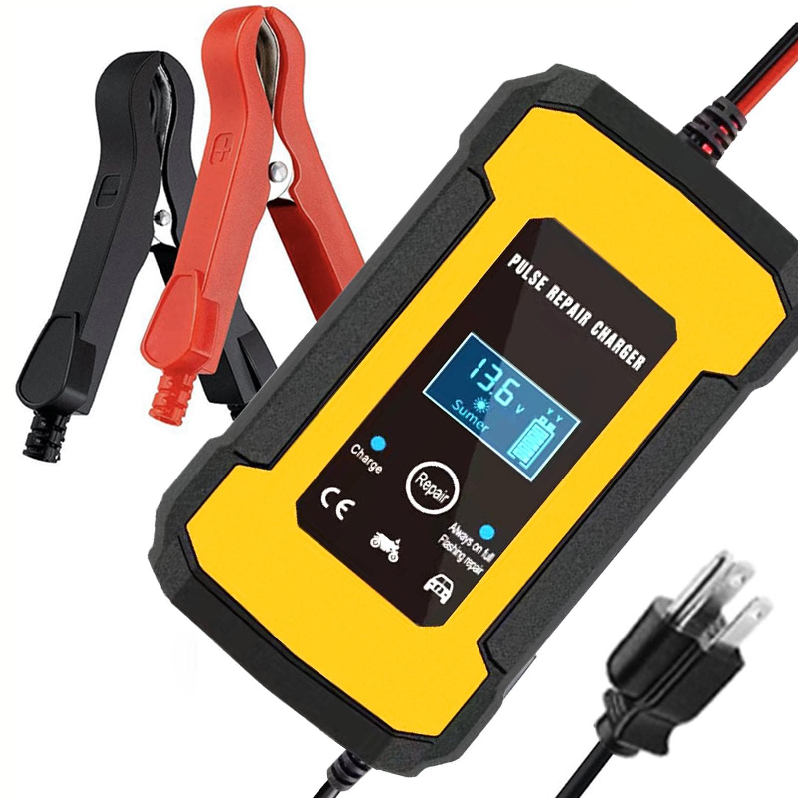 Car Battery Charger 12V Smart Fully Automatic Battery Charger Maintainer LCD Display Pulse Repair US yellow