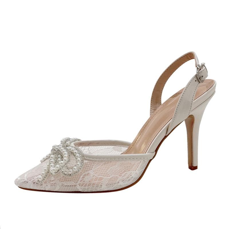 Liyke Fashion White Pearl Bowknot Women Pumps Sexy Mesh Pointed Toe Rhinestone Heels Party Prom Shoes Female Slingback Sandals 35 white