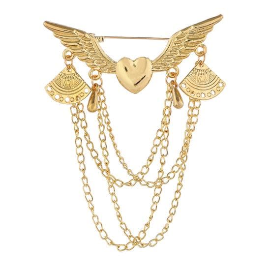 Retro Angel Wing Heart Shirt Suit Collar Tip Lapel Brooch Pin with Chain Tassel golden