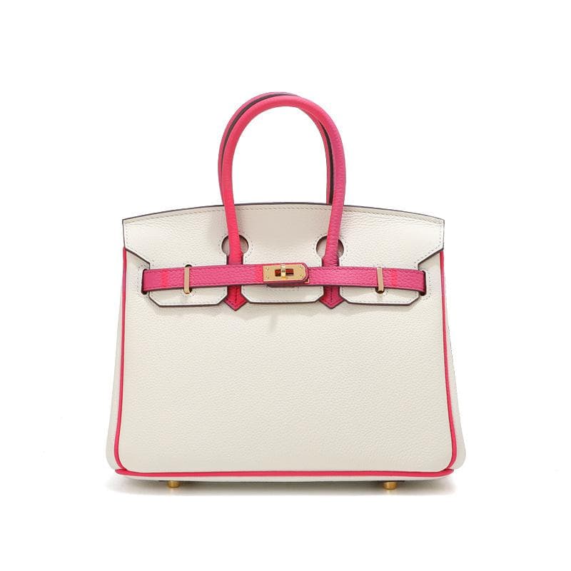 Head Layer Cowhide Platinum Bag Genuine Leather Women's Bag Large Capacity Handbag Women's High-end Sense Commuting Shoulder Cross Shoulder Bag 25CM white/red