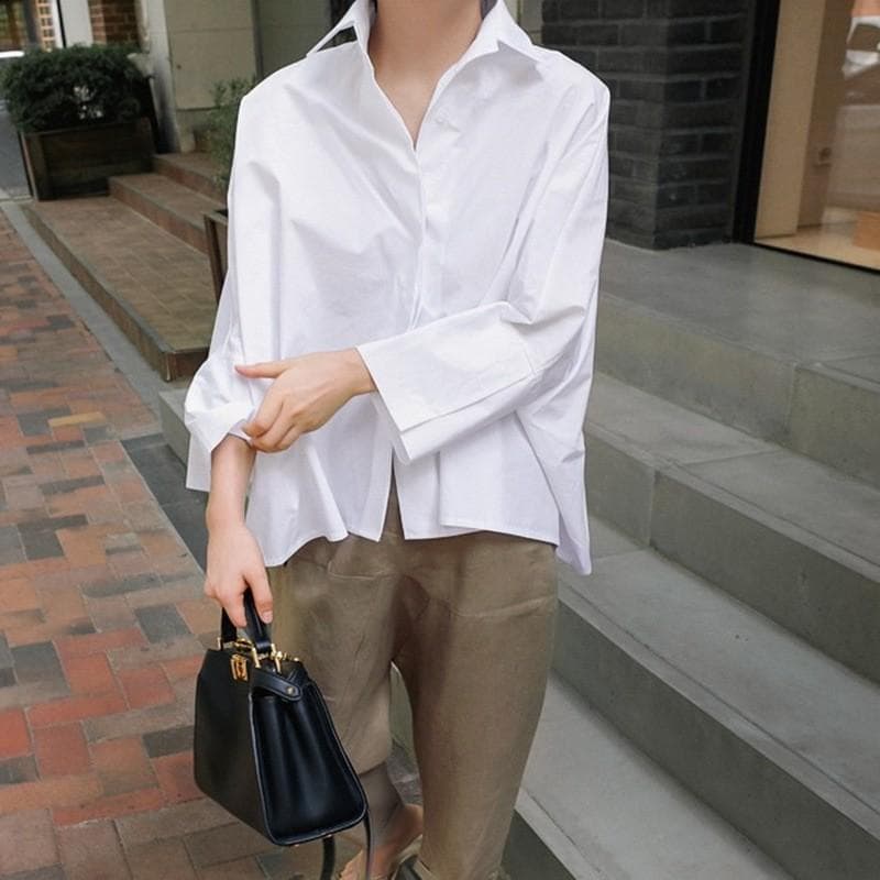 Long Sleeve Shirt Women's Korean Version Loose Large Size White Cape Bat Sleeve Fashion Cotton Shirt XL white
